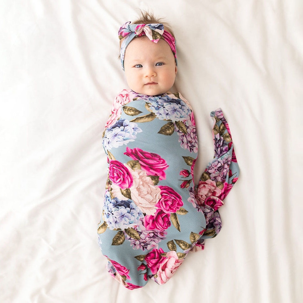 Brand New Posh Peanut Swaddle and Headwrap Set Blue Floral Country Rose - Picture 2 of 3